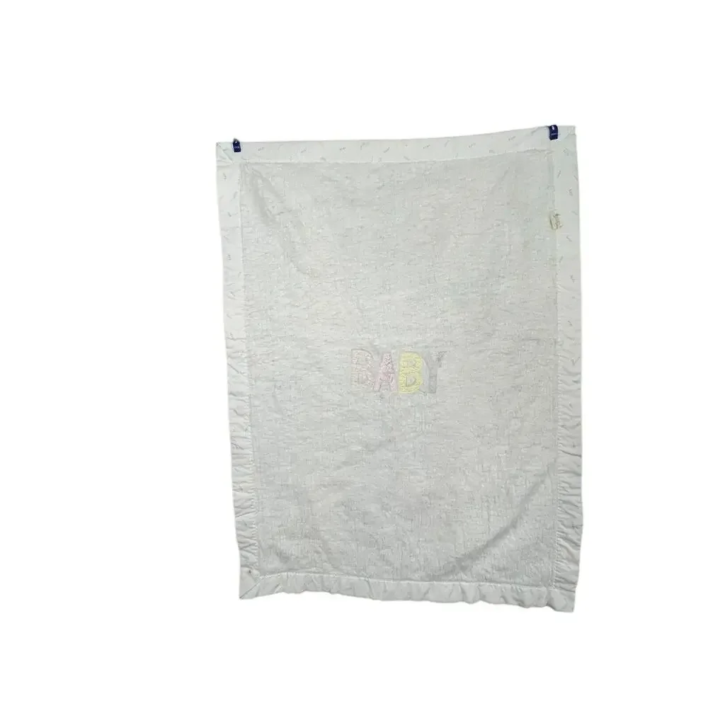 Quiltex White Baby Blanket Appliqué Satin Trim Vintage Receiving Acrylic Unisex